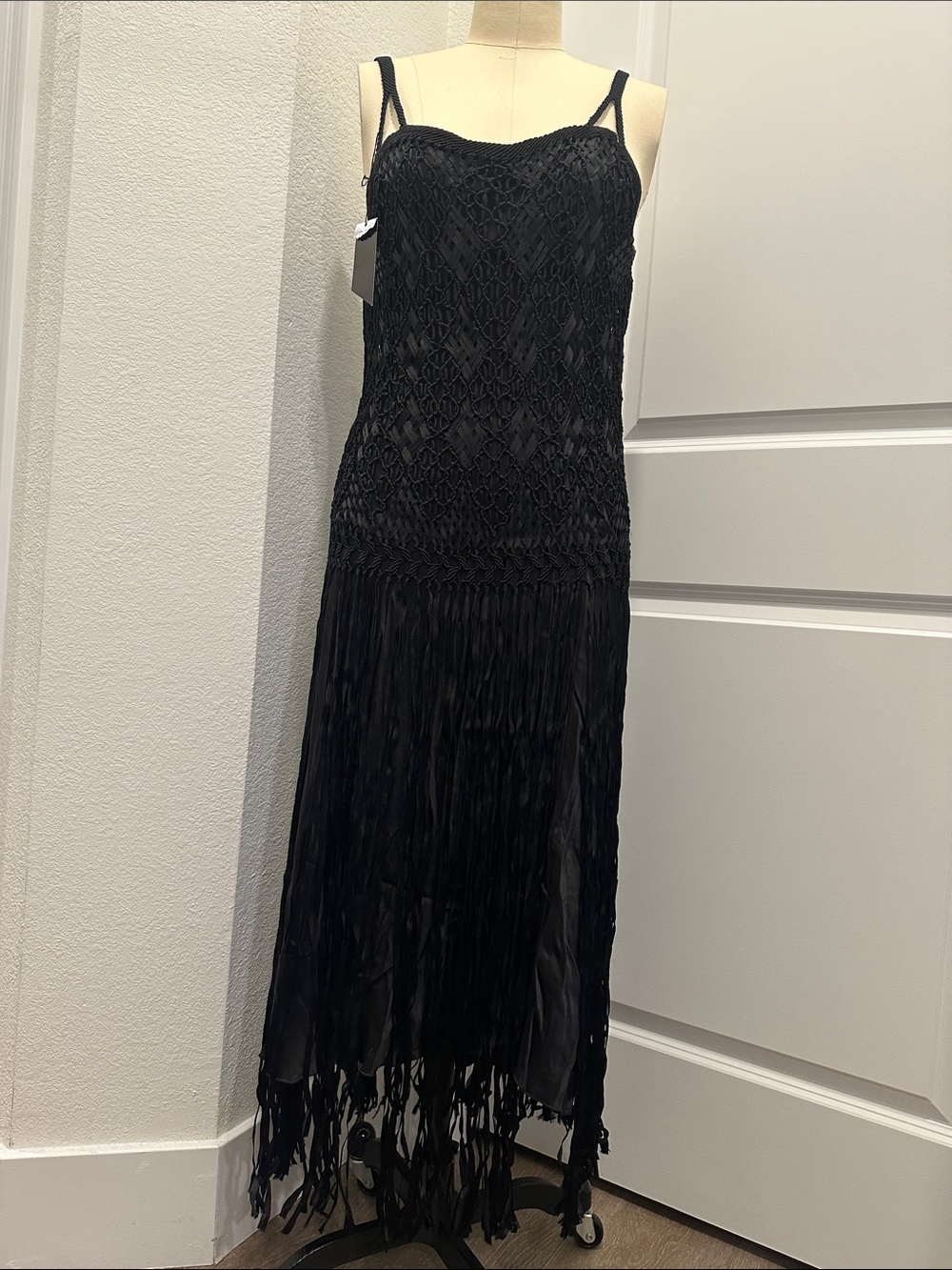 Black Fringe maxi Slip Dress y2k deadstock 90s tassel silk euro boho fairy